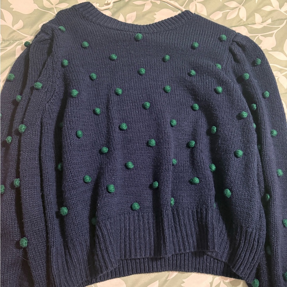 crown & ivy Navy and Green Pom-Pom Sweater